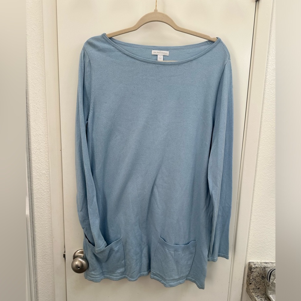 Light Blue Knit Tunic Top Shirt Sweater Pockets New York & Company XL NWT